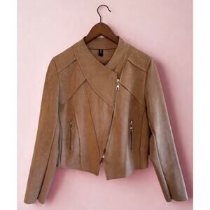VENTI6 Tan Faux Suede Moto Style Jacket | Lightweight Zip-Up Layer | Size M